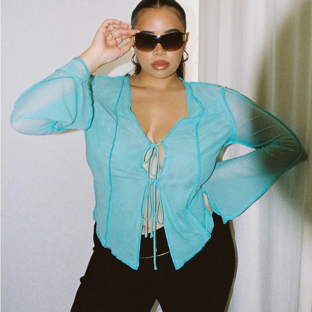 Princess Polly Turquoise Sheer Tie-Front Crop Top